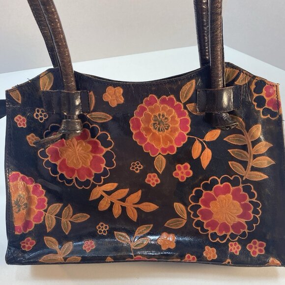 Tooled Leather Tobacco Handbag Purse Shoulder Bag Floral‎ Flowers Zipper Closure - Picture 8 of 16